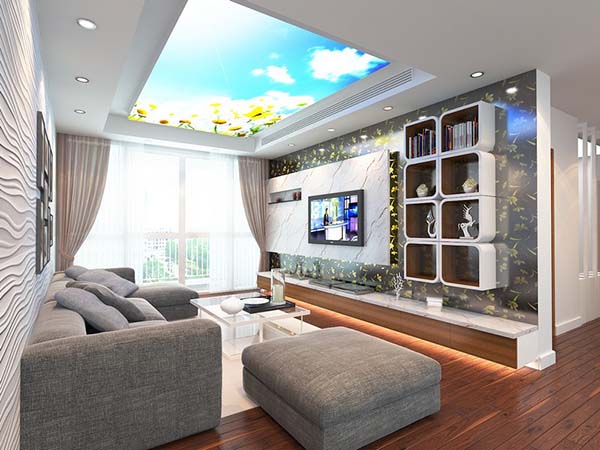 Mẫu trần phòng khách đẹp, hiện đại in hình hoa hướng dương