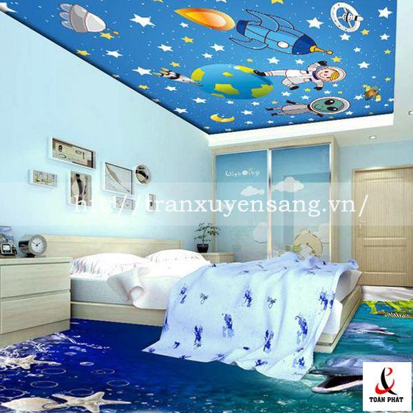 mẫu trần phòng ngủ trẻ em xuyên sáng in hình bầu trời