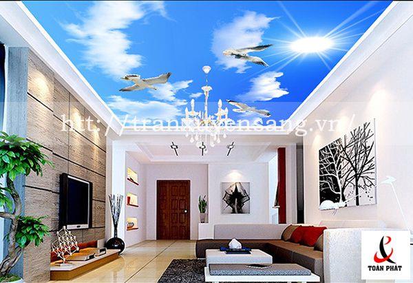 Trần phòng khách hiện đại xuyên sáng in bầu trời với những cánh chim bay