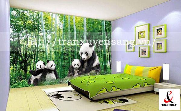 Vách xuyên sáng phòng ngủ in hình ảnh gia đình gấu trúc
