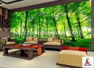 Vách xuyên sáng phòng khách in rừng cây in hinh rung cay
