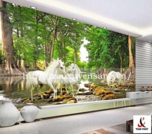 Vách xuyên sáng phòng khách in thiên nhiên hoang dã ngựa
