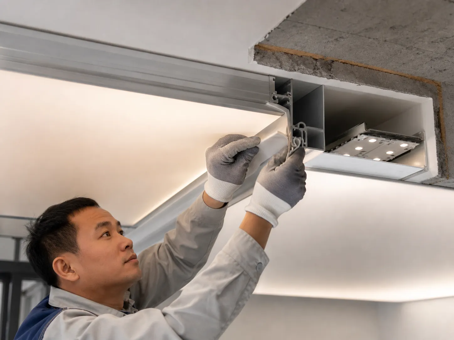 Kỹ thuật viên lắp màng xuyên sáng vào khung nhôm với hệ LED phía sau