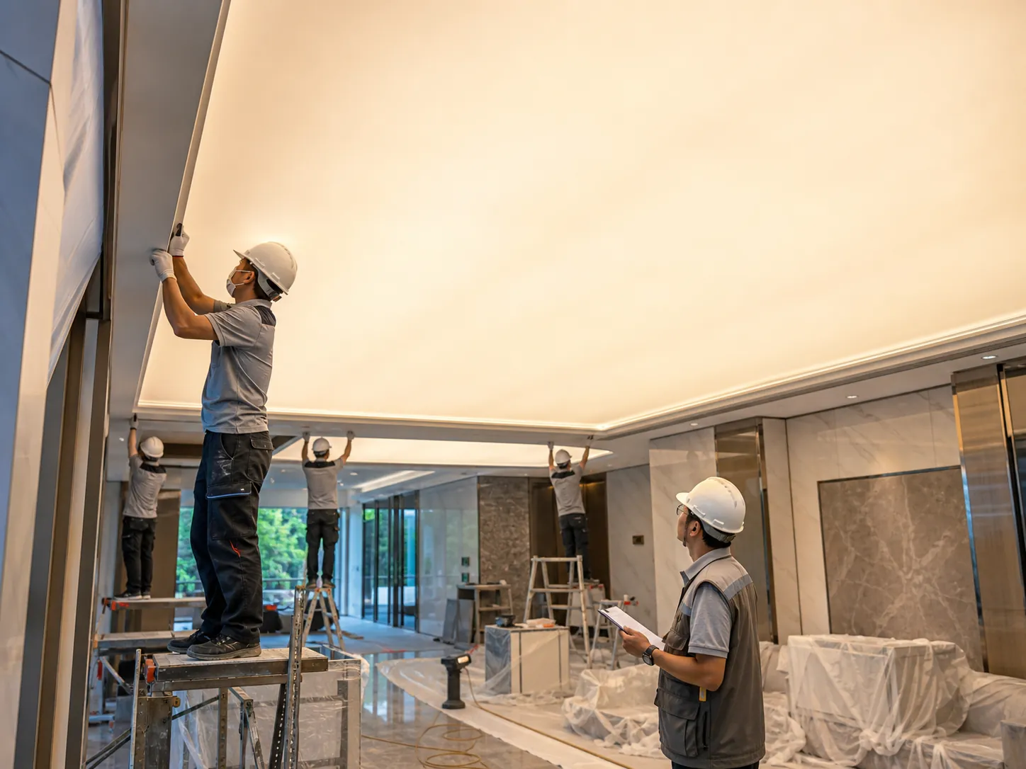 Đội ngũ thi công trần xuyên sáng cho công trình cao cấp