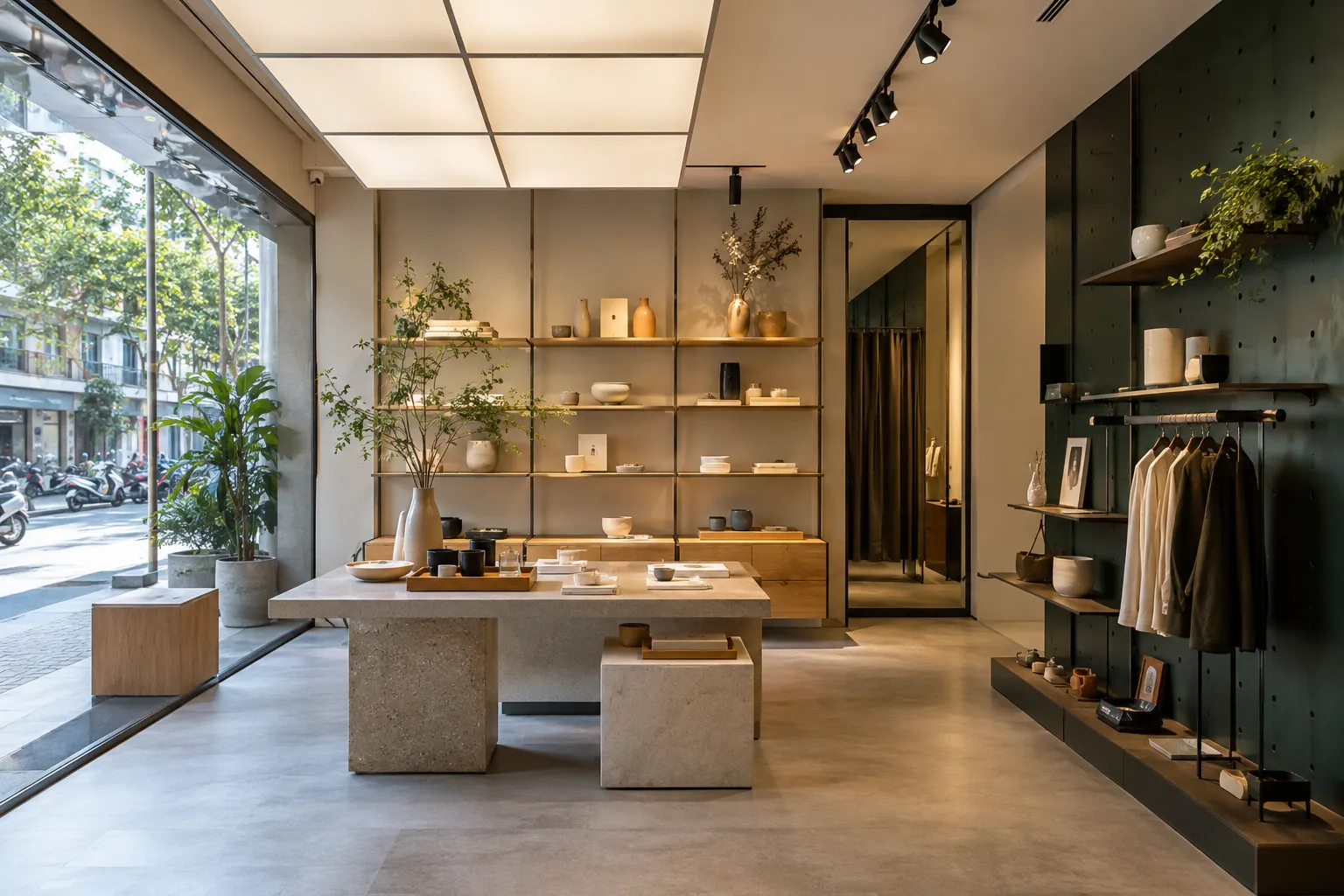 Showroom có trần sáng chia module và đèn rọi sản phẩm riêng